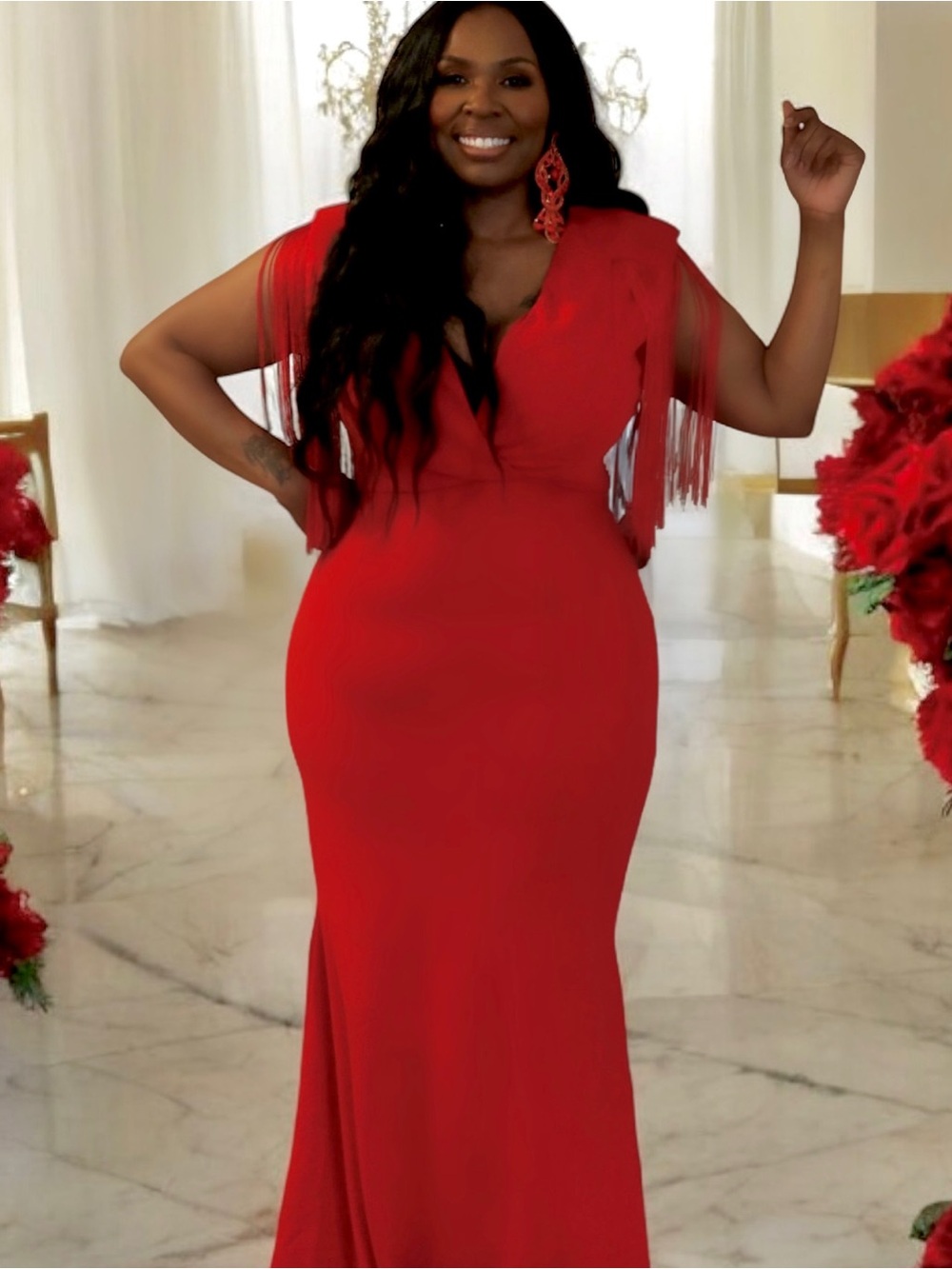 Elegant Red Fringe-Sleeve Evening Gown